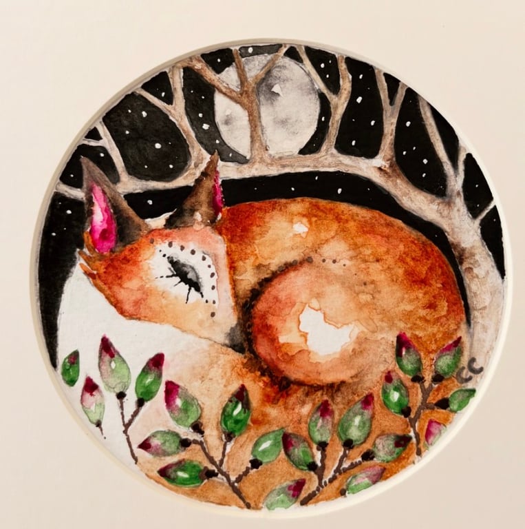 Mounted Circular Original Watercolour Sleeping Fox Wall Art Woodland Decor 