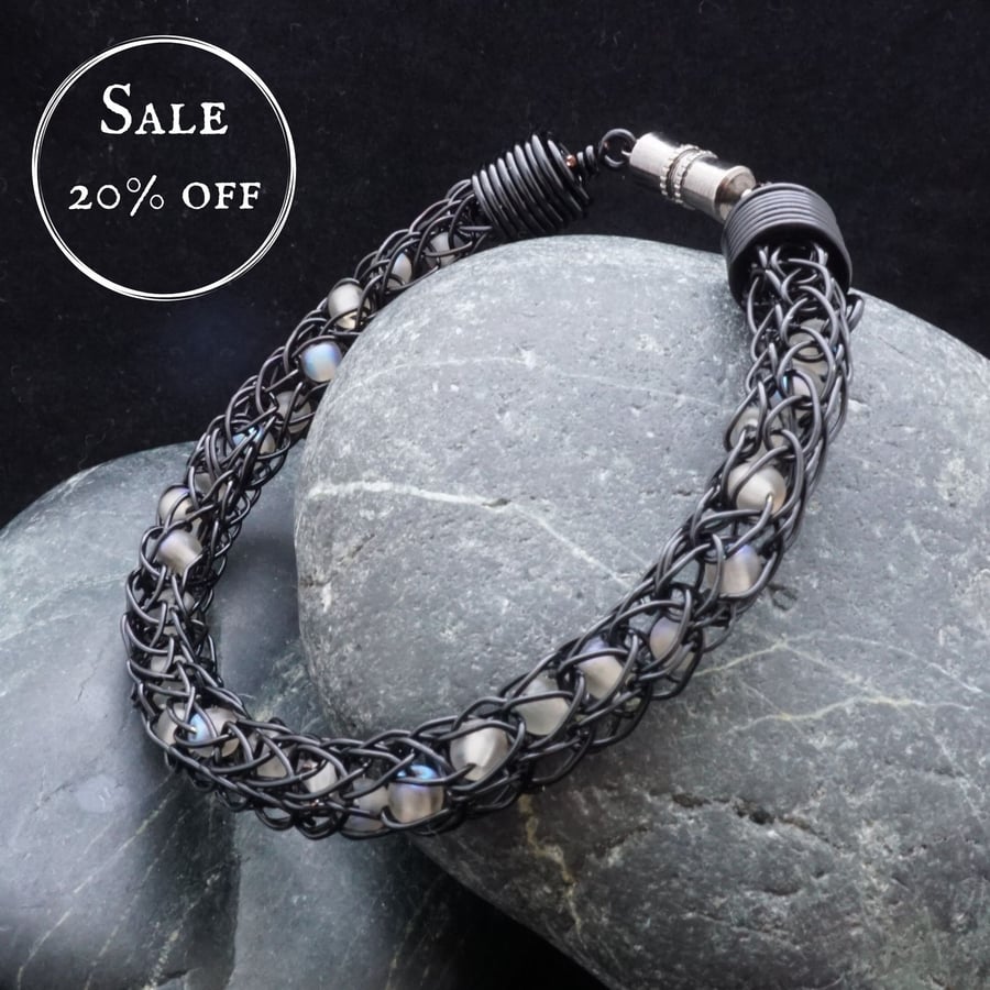 SALE - Black Viking Knit Bracelet with Grey & Iridescent Beads