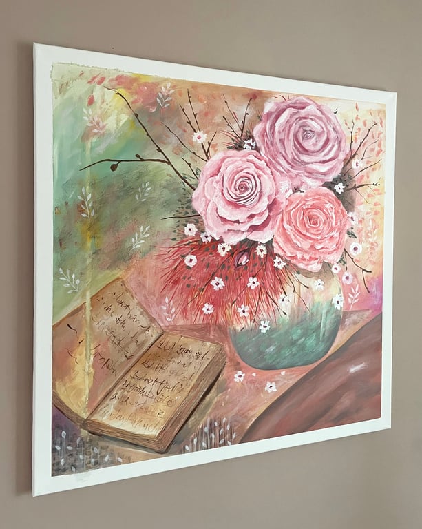 Roses & Pages: Original Floral Acrylic Painting Wall Art Canvas