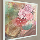 Roses & Pages: Original Floral Acrylic Painting Wall Art Canvas