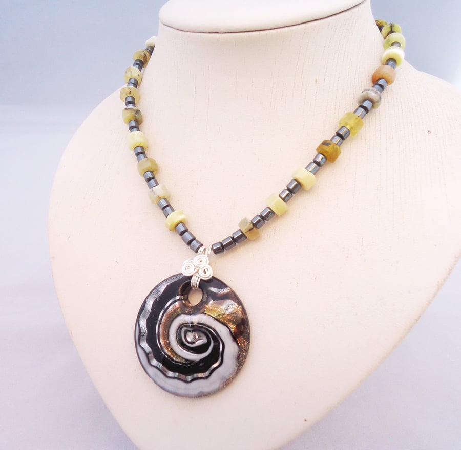 Yellow Opal and Hematite Necklace, Yellow Opal Necklace with Glass Pendant