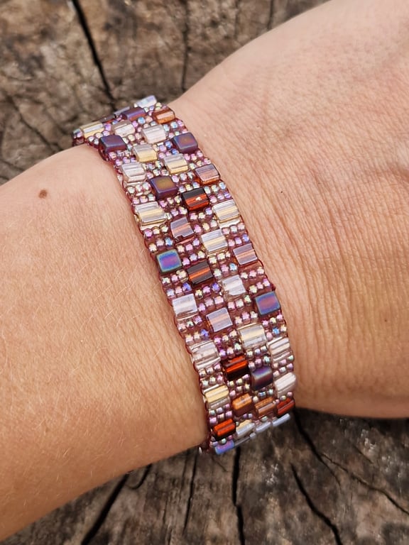 Soft browns and shimmering pinks bead and cube adjustable bracelet 