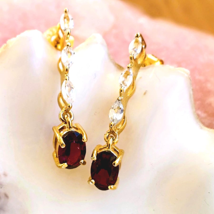 White Topaz And Red Garnet Gold Sterling Silver Drop Earrings