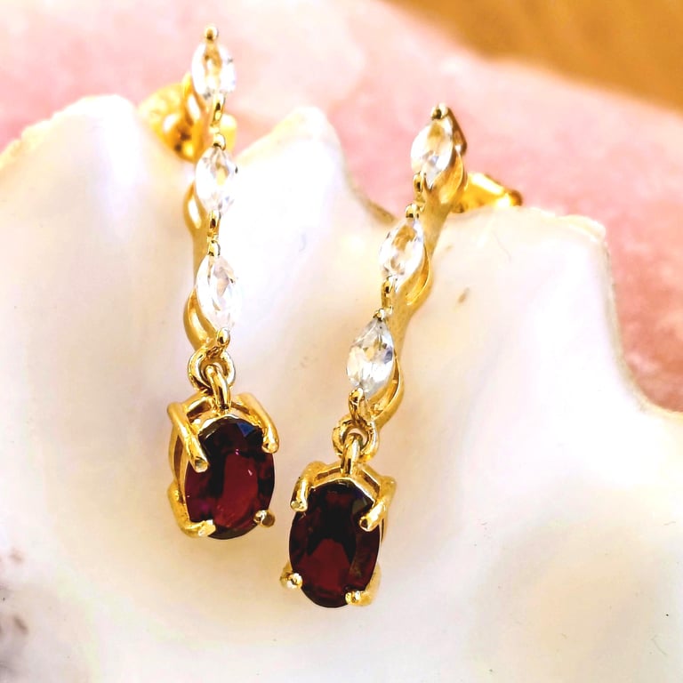 White Topaz And Red Garnet Gold Sterling Silver Drop Earrings