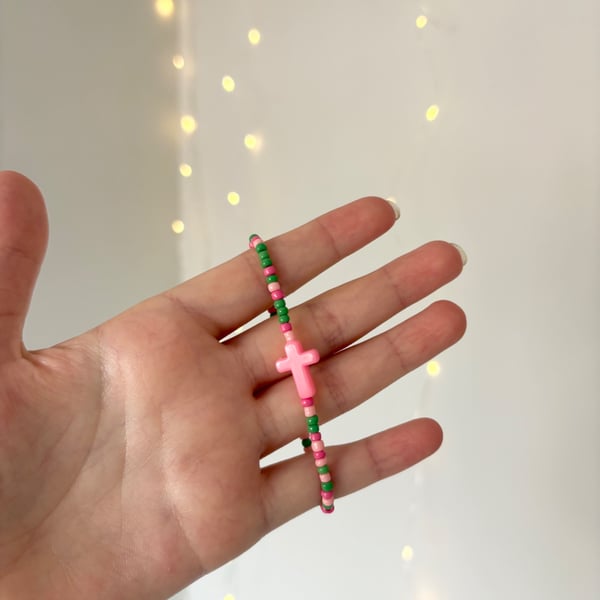 Watermelon Cross Seed Beaded Bracelet