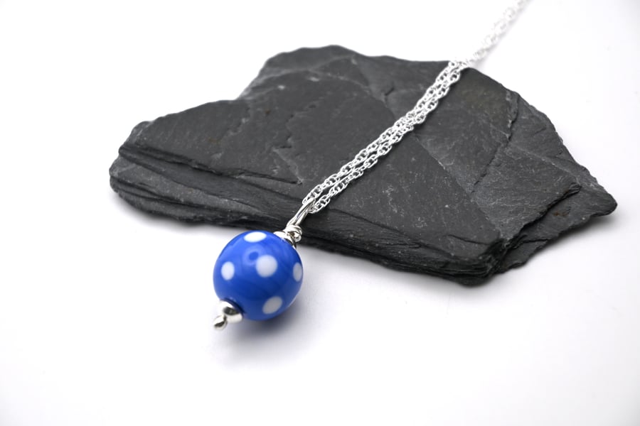blue polka dot lampwork glass pendant necklace