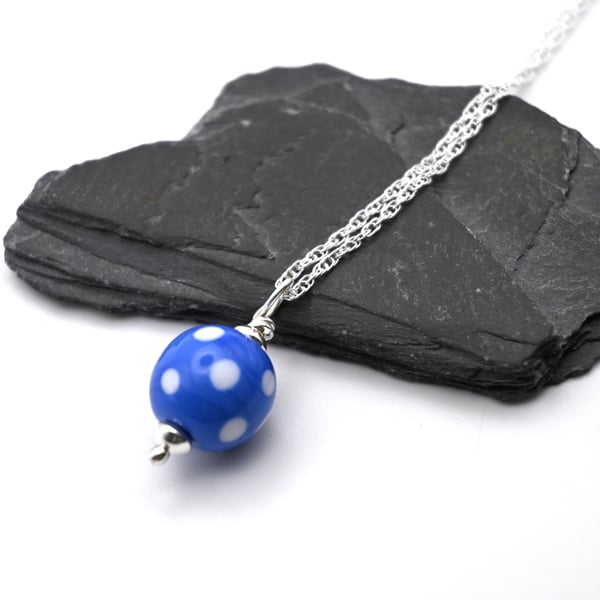 blue polka dot lampwork glass pendant necklace