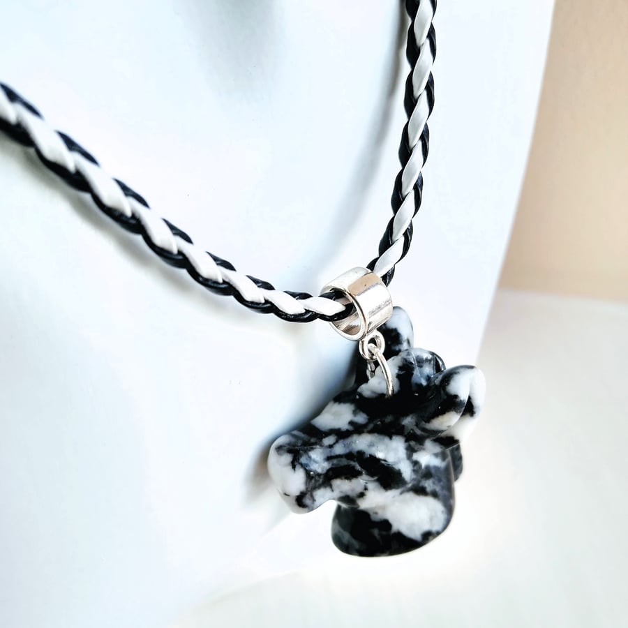 Carved Gemstone Horse Head 3D Pendant and Braided Leather Cord Necklace 18 Inch