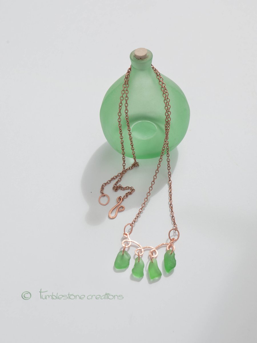 Hammered Copper and Emerald Sea glass Necklace