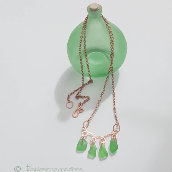 Hammered Copper and Emerald Sea glass Necklace