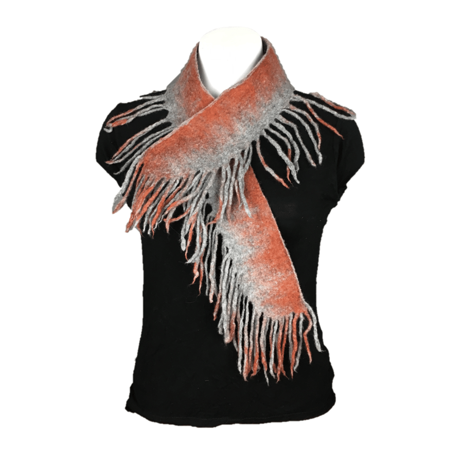 Grey and terracotta felted scarf with fringe