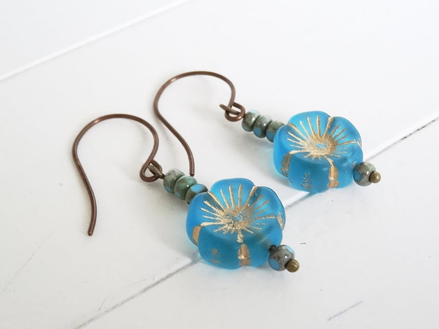 Czech Glass Earrings, Flower Earrings, Blue Earrings, Aqua Earrings, 