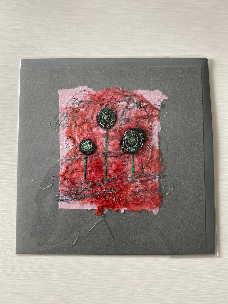 Greeting card and envelope. textile card with abstract flower design. blank.