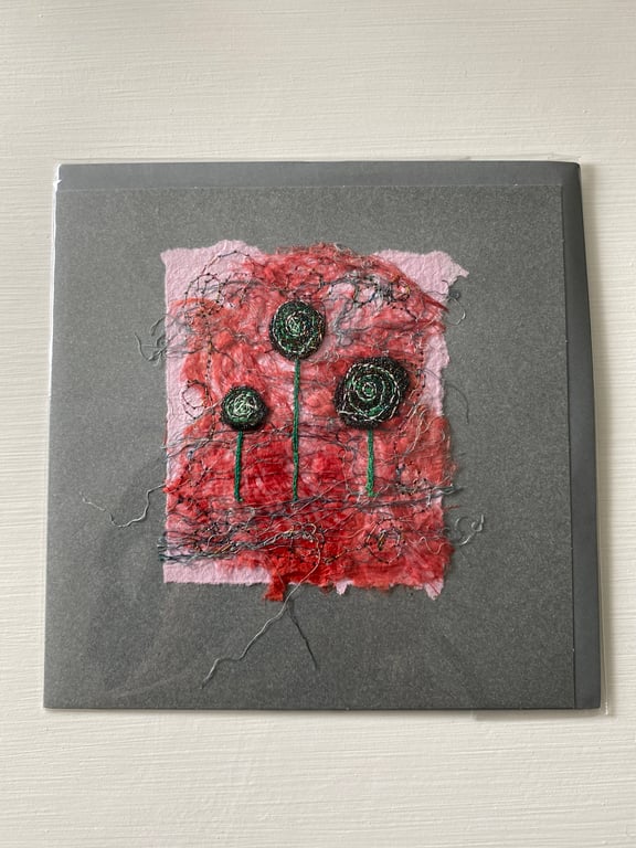 Greeting card and envelope. textile card with abstract flower design. blank.