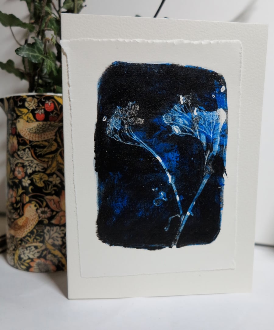 Moody blue nature inspired monoprint greetings card