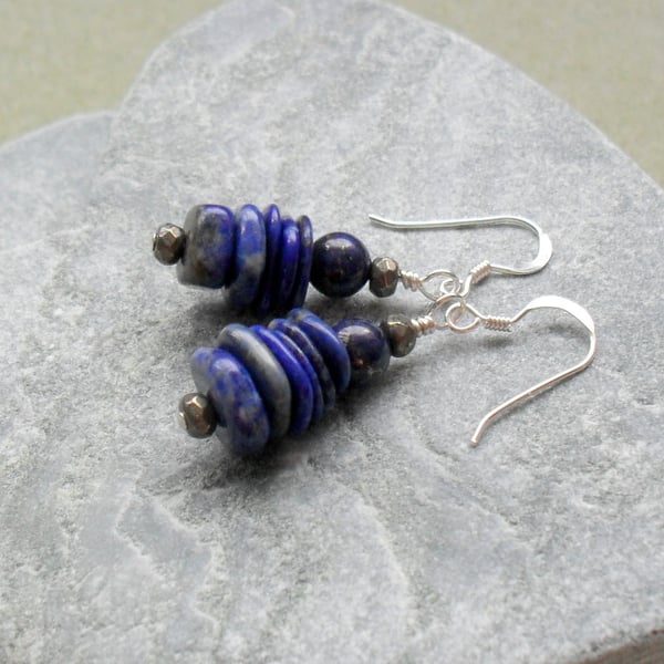 Lapis Lazuli and Pyrite Sterling Silver Drop Earrings 