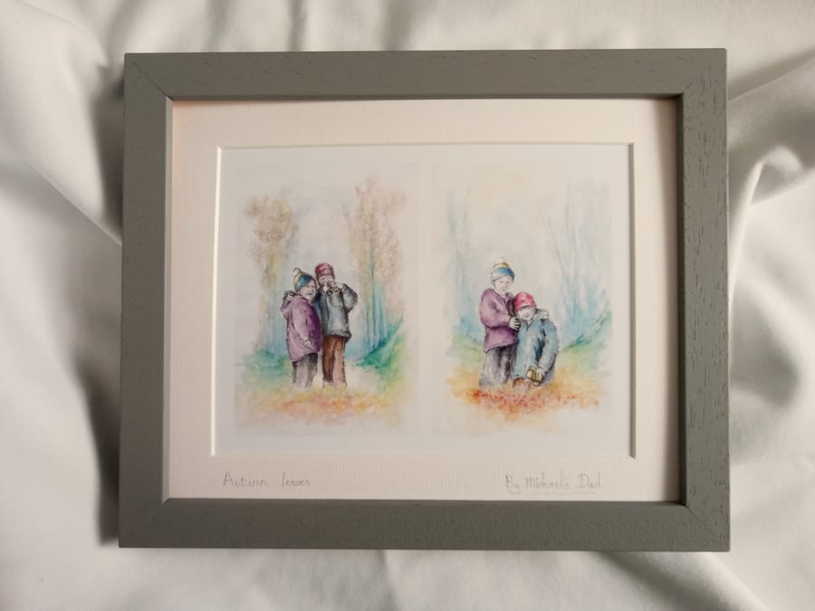 Watercolour print of children playing in autumn leaves in a sussex wood