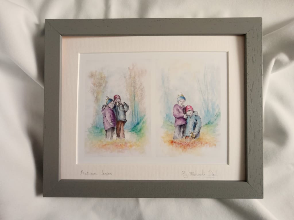 Watercolour print of children playing in autumn leaves in a sussex wood