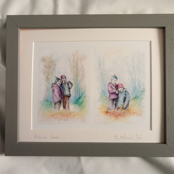 Watercolour print of children playing in autumn leaves in a sussex wood