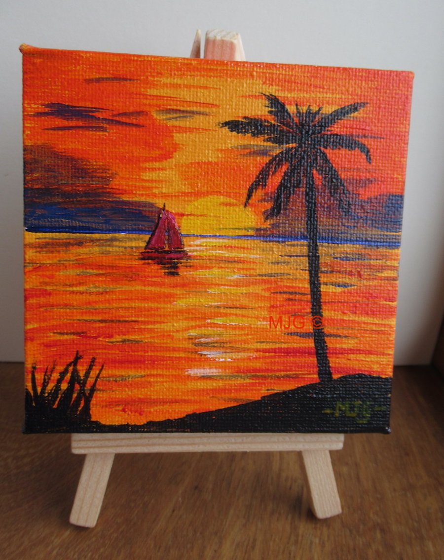 Red Sails in the Sunset - acrylic painting on mini canvas