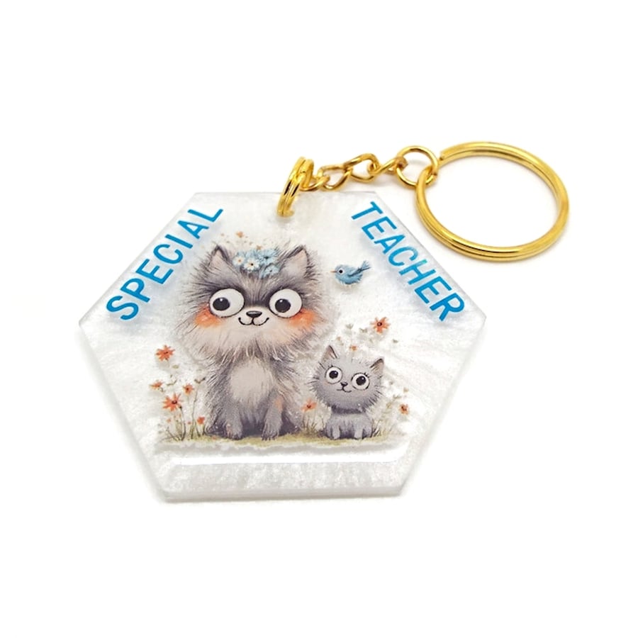 Keyring Gift for a Special Teacher with a Cat, Kitten and Bird