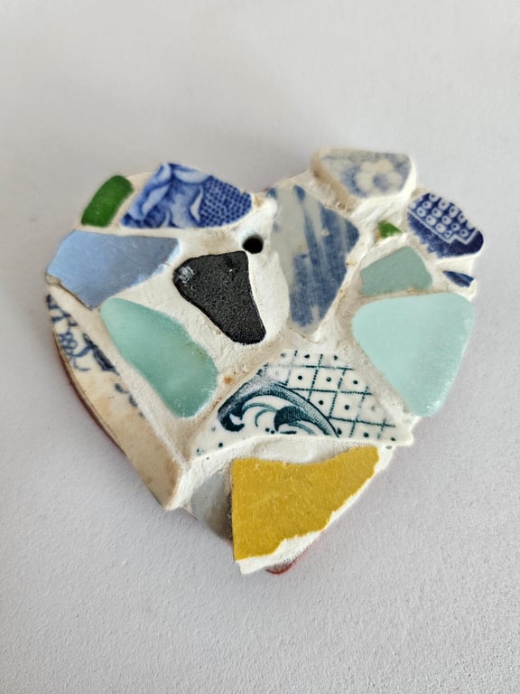 Found Pottery Shards & Sea Glass Heart