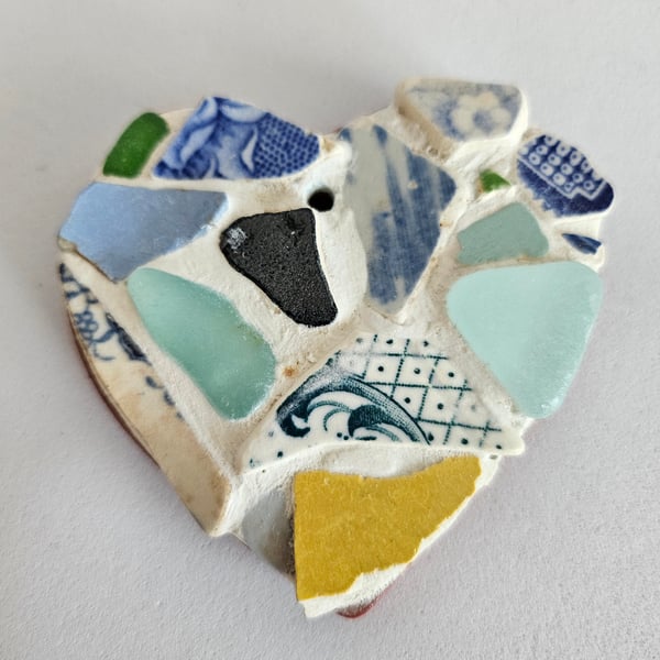 Found Pottery Shards & Sea Glass Heart