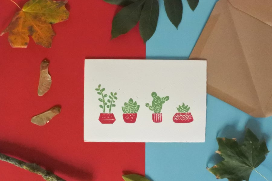 Pink Succulents – Folded A6 Greeting card – Colour Lino Print