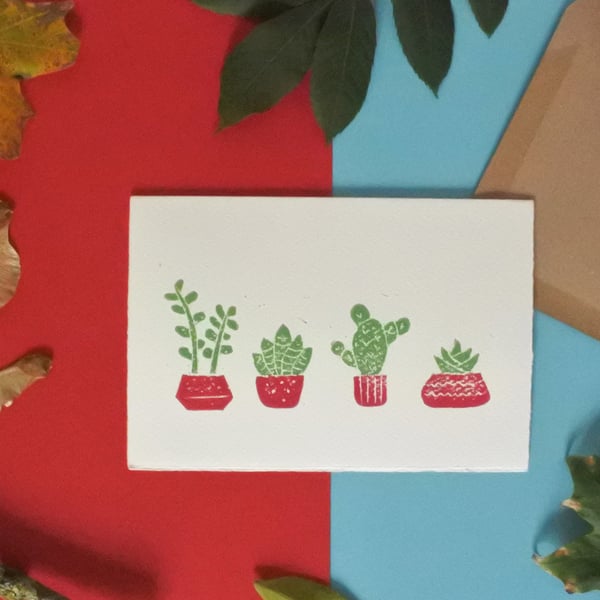 Pink Succulents – Folded A6 Greeting card – Colour Lino Print