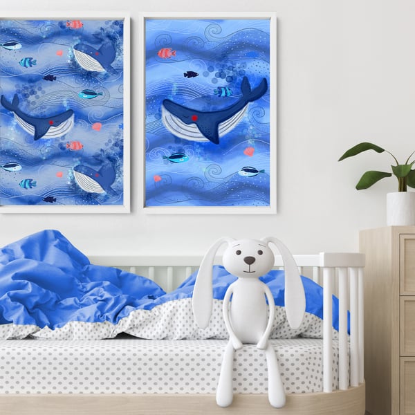 Under the sea nursery decor for baby boys, Set of 2 custom name Ocean art prints