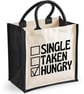 Single Taken Hungry Midi Jute Shopper Canvas Lunch Bag Funny Food Lover Present  - Image 1
