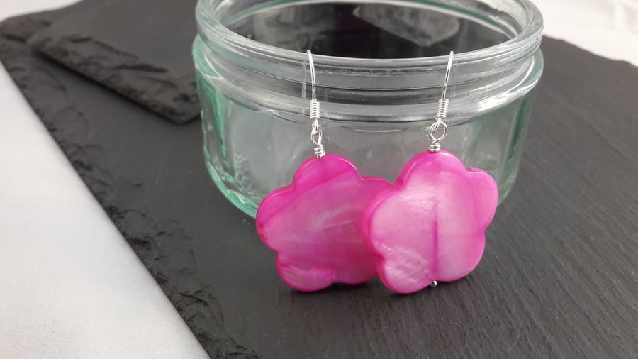 Hot Pink Large Flower Shell Earrings