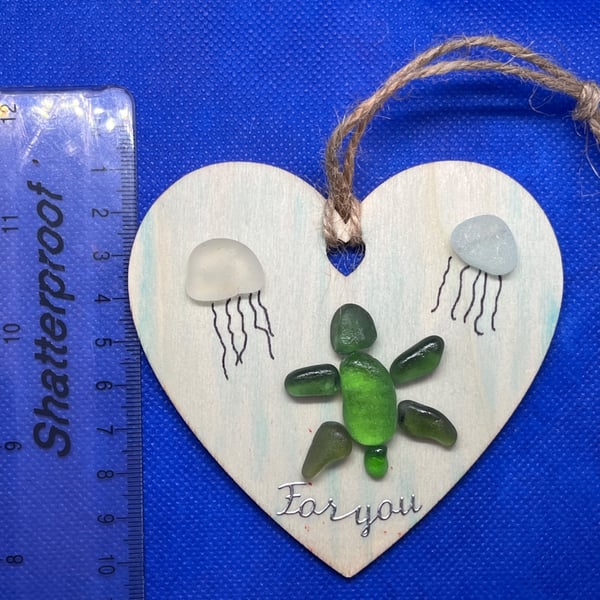 Wooden heart with  'for you' sentiment made with sea glass.