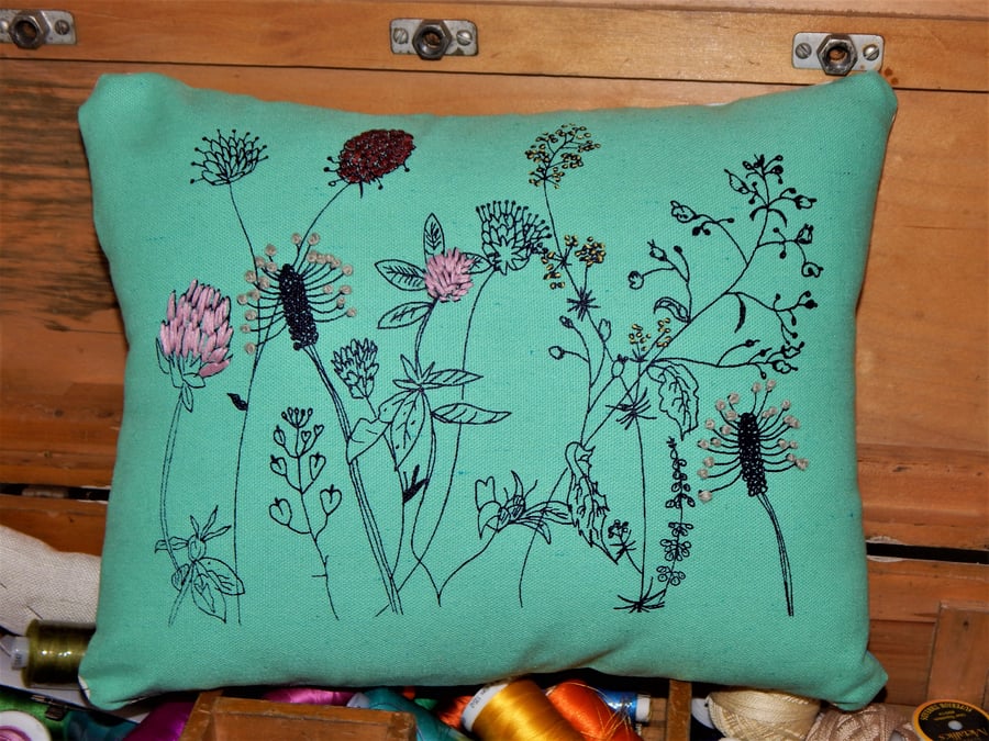 Wild flower hedgerow- Screen printed cushion. 33cm x 26cm