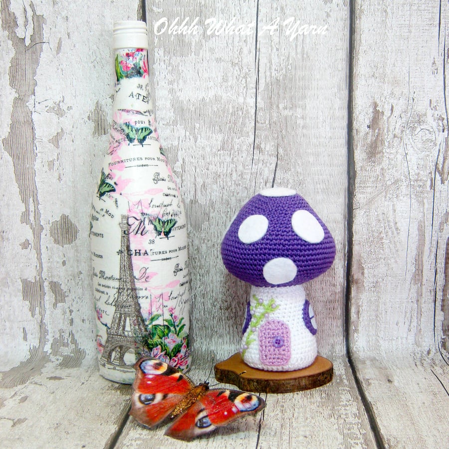 Crochet purple toadstool fairy house decoration, ornament