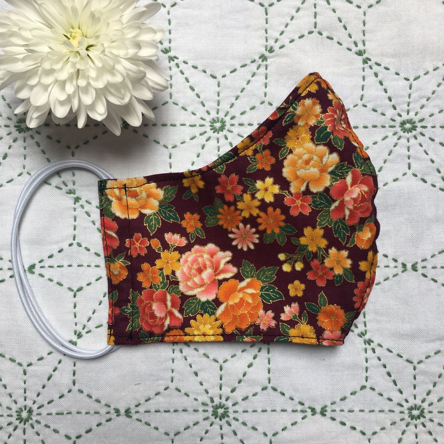 Vibrant Purple Orange Japanese Flowers Cotton Face Mask Reusable Adult Child