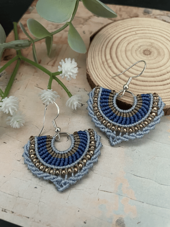Pretty micro macrame hoop fan shaped micro macrame beaded boho earrings 