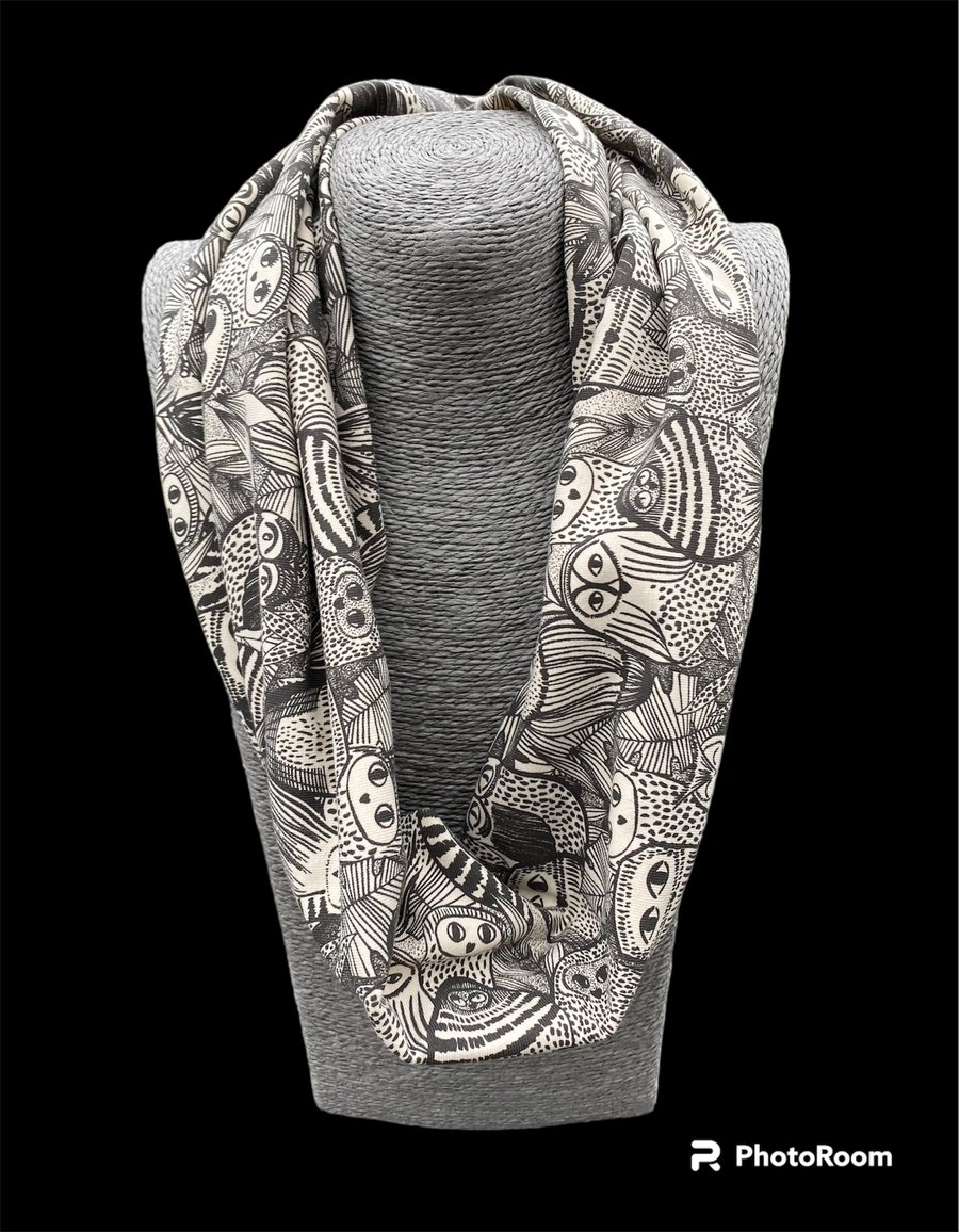 BLack and cream Organic Cotton Infinity Scarf with Owl pattern 