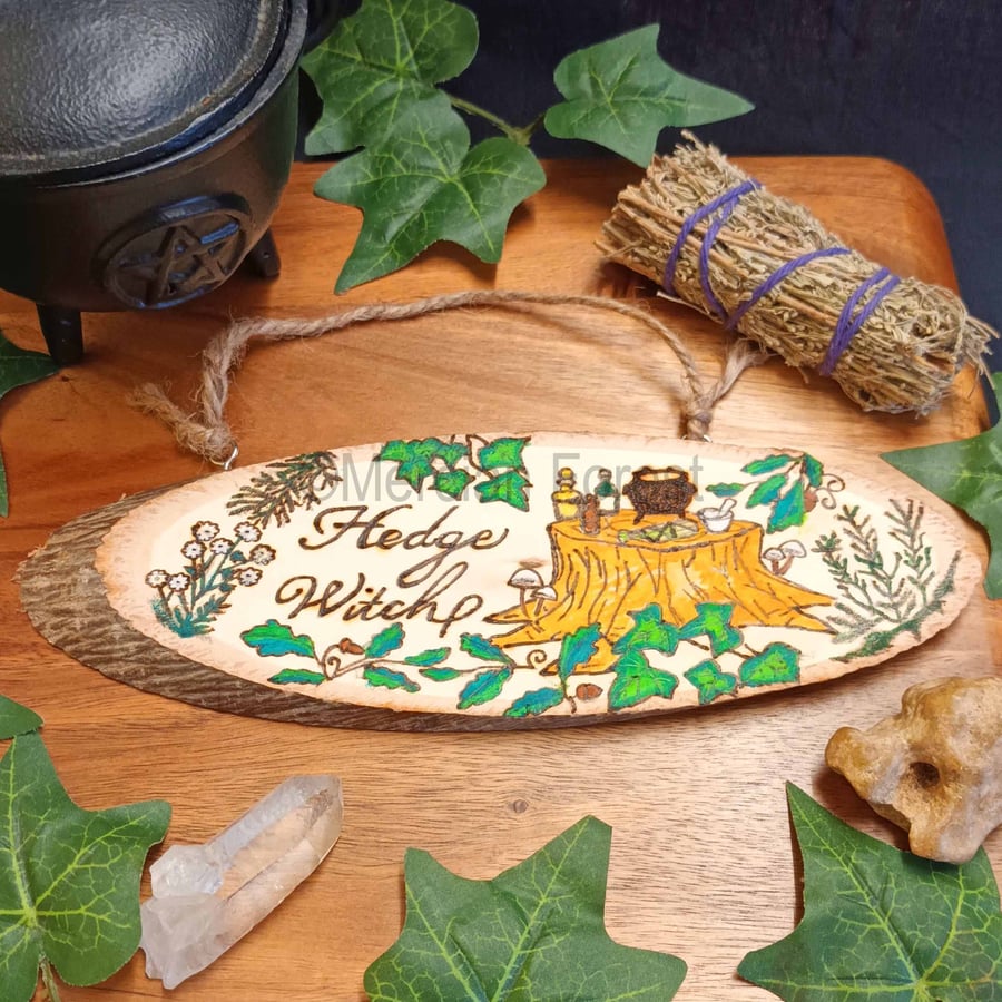 Hedge Witch Sign Hand Pyrographed and Painted Pagan Decoration Witchcraft