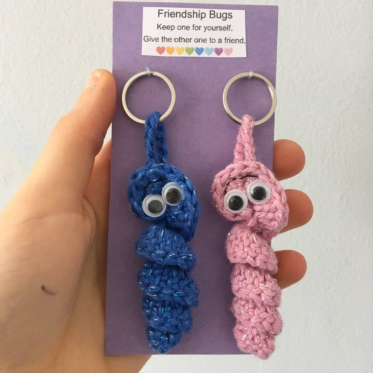 Sparkly Blue And Pink Crochet Friendship Bug Keyrings