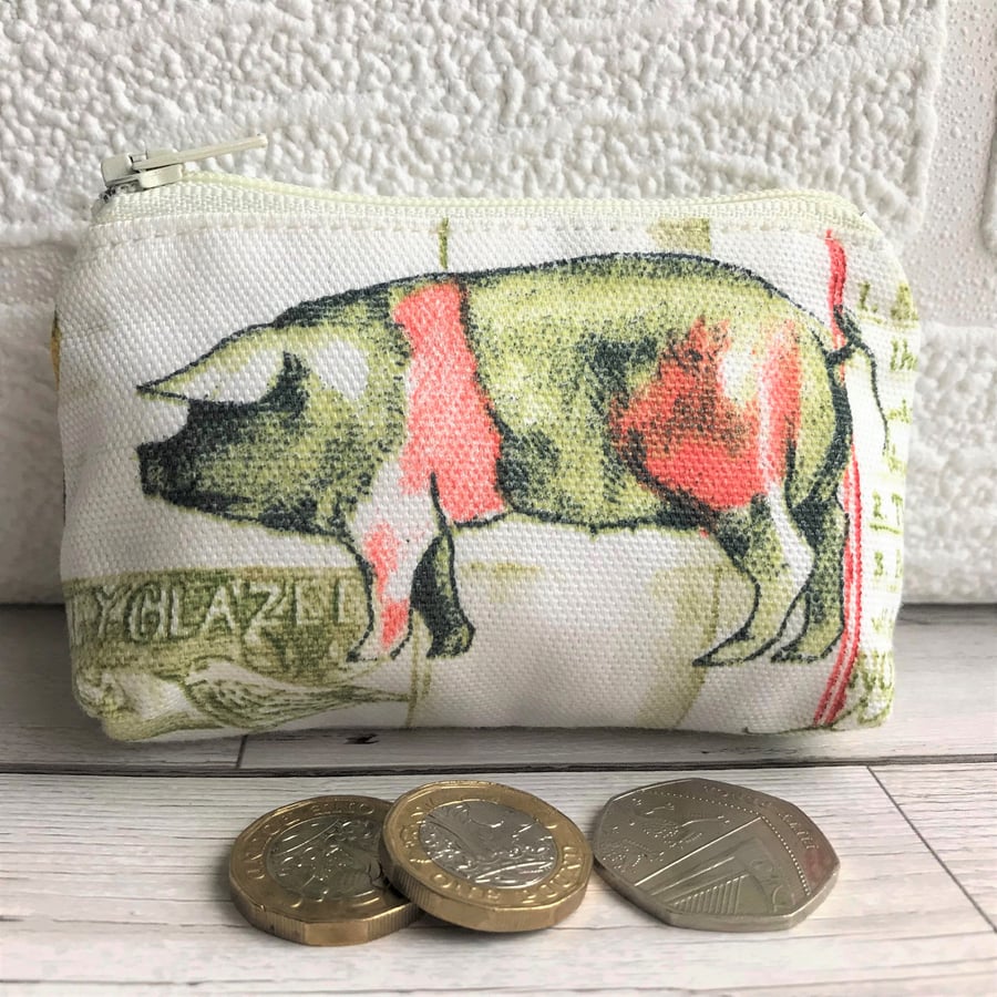 Small purse, coin purse - farmyard print with pink and sage green pig