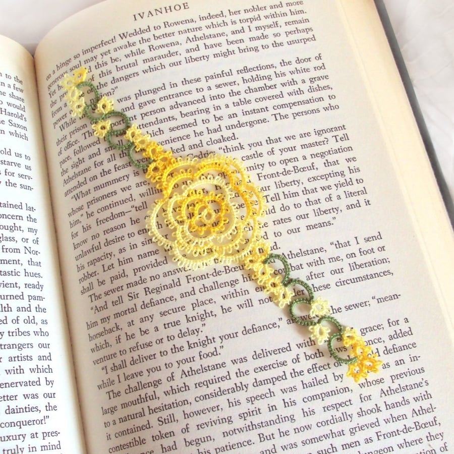Yellow Rose Lace Bookmark in Shuttle Tatting