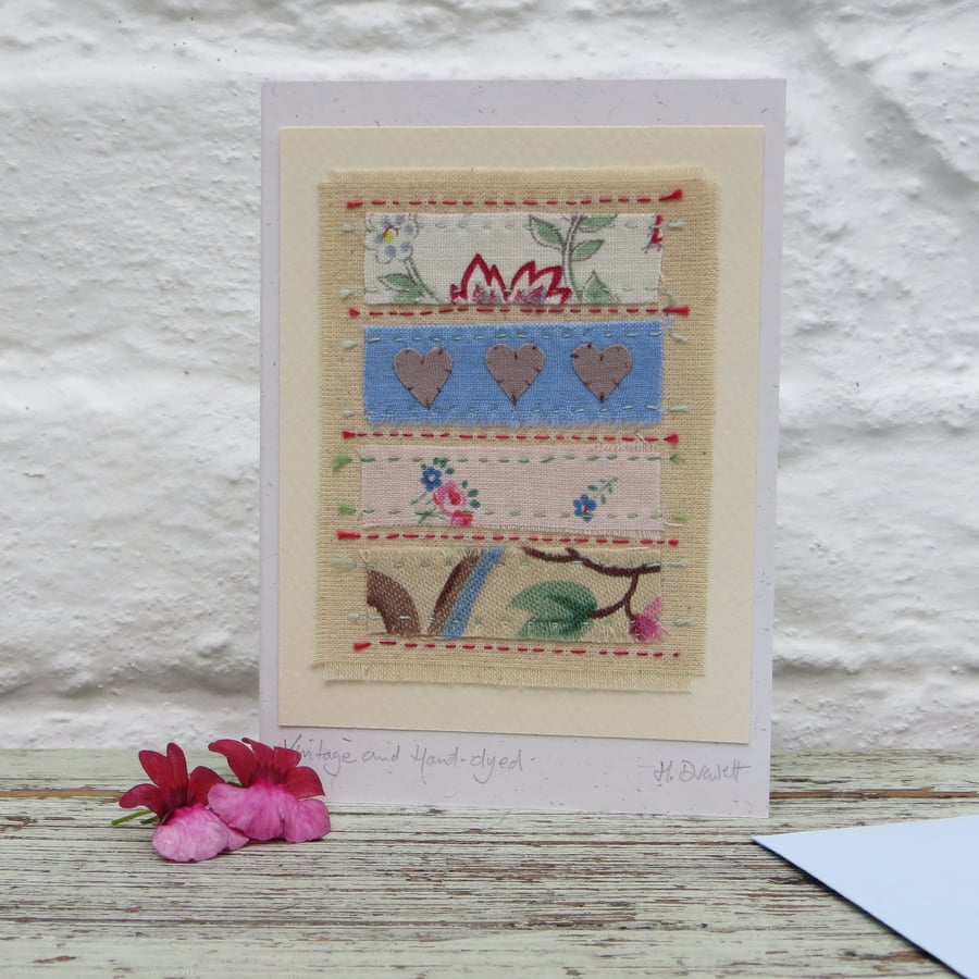 Vintage fabrics, hand-stitched card with applique hearts