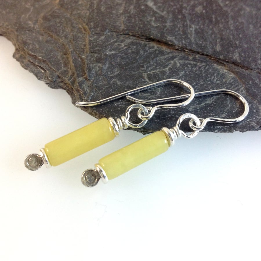 Scrolls pale yellow jade and silver earrings
