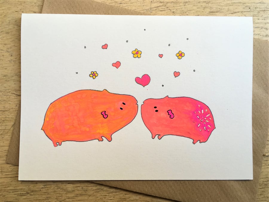 Hand Painted Wedding, Anniversary, Valentines Card Guinea Pig recycled card 