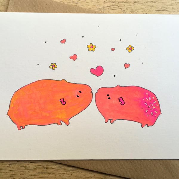 Hand Painted Wedding, Anniversary, Valentines Card Guinea Pig recycled card 