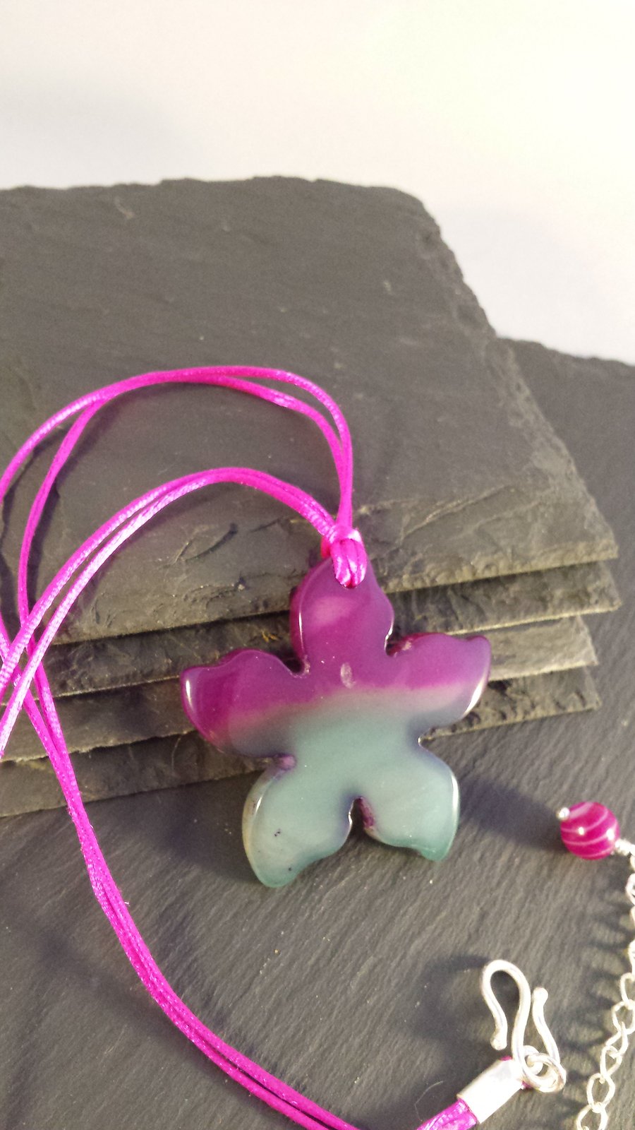 Pink and Green Flower on Satin Cord Necklace