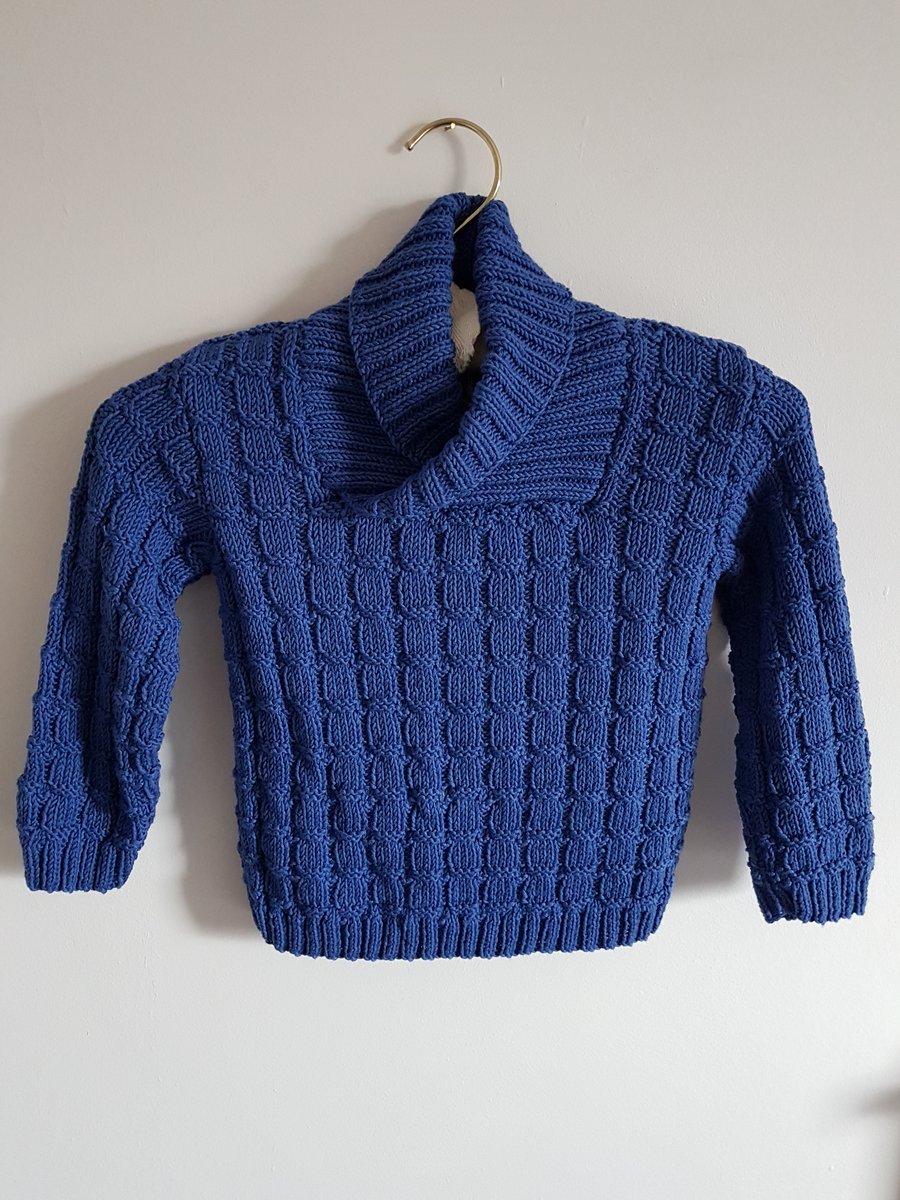 Boy's Hand Knitted Blue Cotton Shawl Collar Jumper 24"