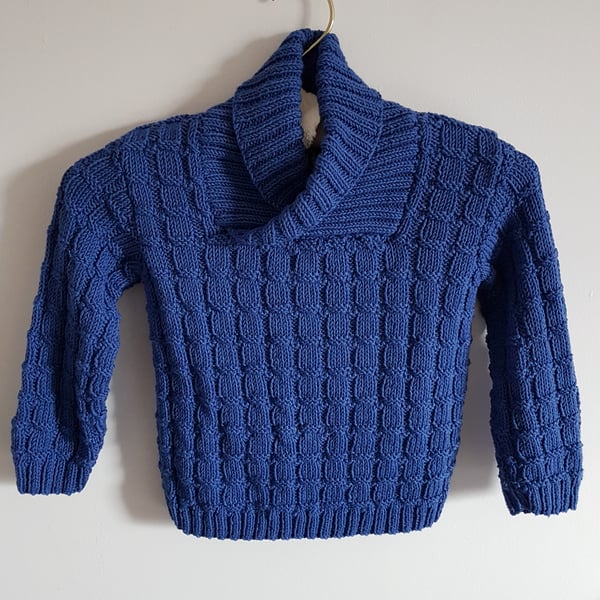 Boy's Hand Knitted Blue Cotton Shawl Collar Jumper 24"
