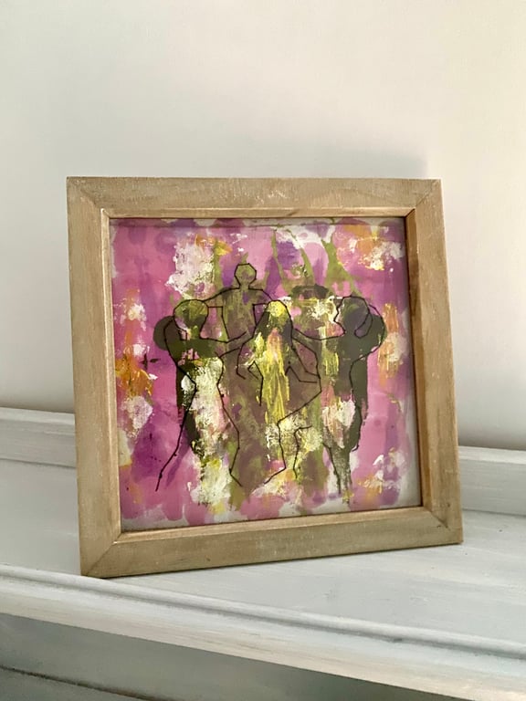 Handbags in the middle, framed hand embroidered on acrylic 